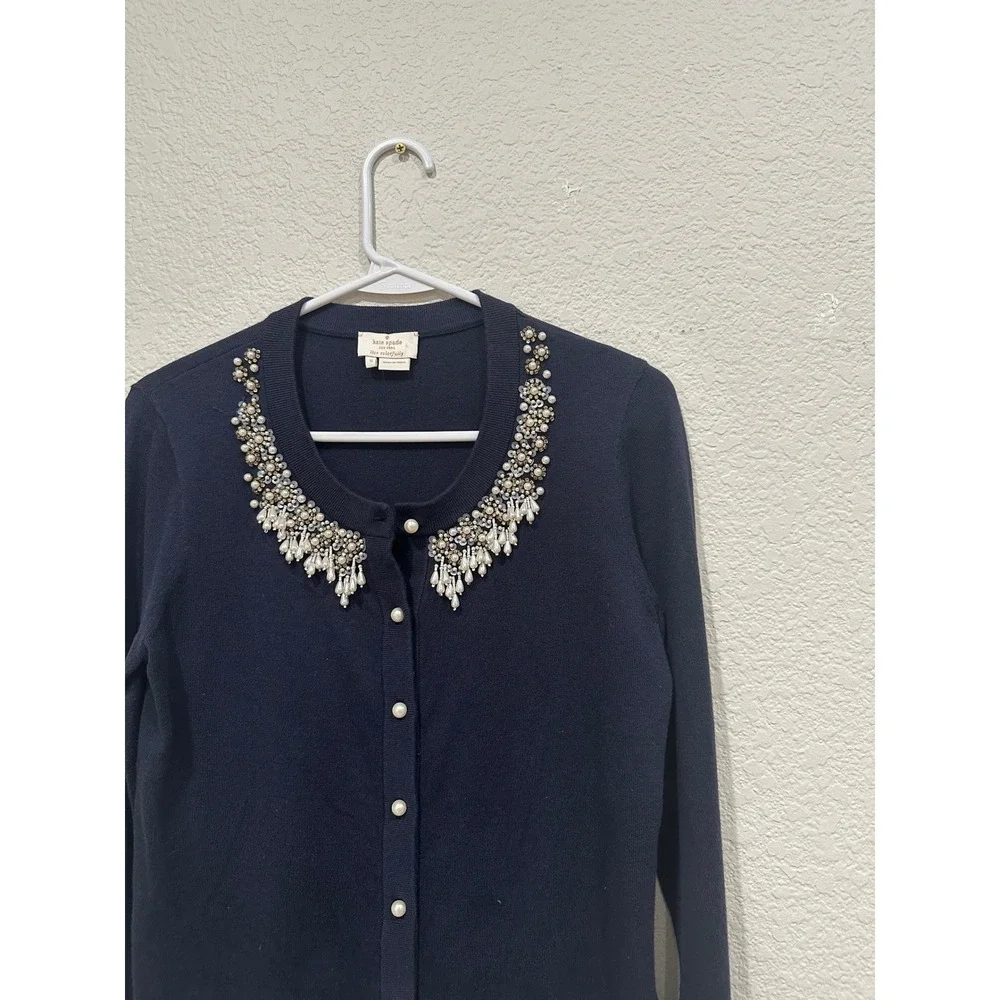Kate Spade Navy Blue Cotton Cashmere Pearl Embellished Cardigan Sweater Small
